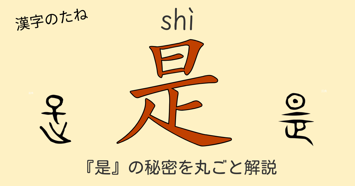 漢字「是」の字形・金文・原義・判断動詞・是～的の使い方を示す学習用図解。
